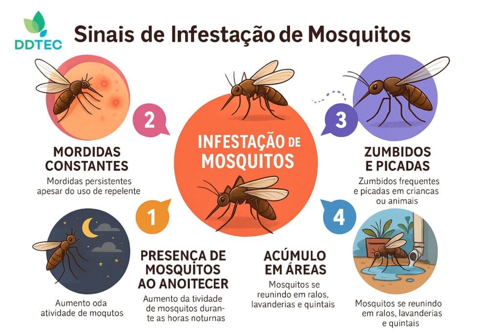 Infográfico ilustrativo mostra sinais de infestação de mosquitos e destaca a importância da dedetização profissional em Curitiba como solução além do uso de repelente.