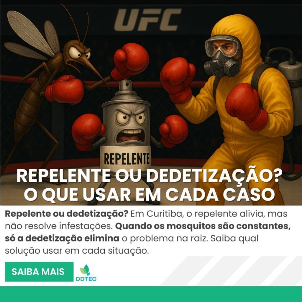 Imagem ilustrativa com mosquito, repelente e dedetizador em um ringue de luta, representando a disputa entre repelente e dedetização no controle de mosquitos em Curitiba.