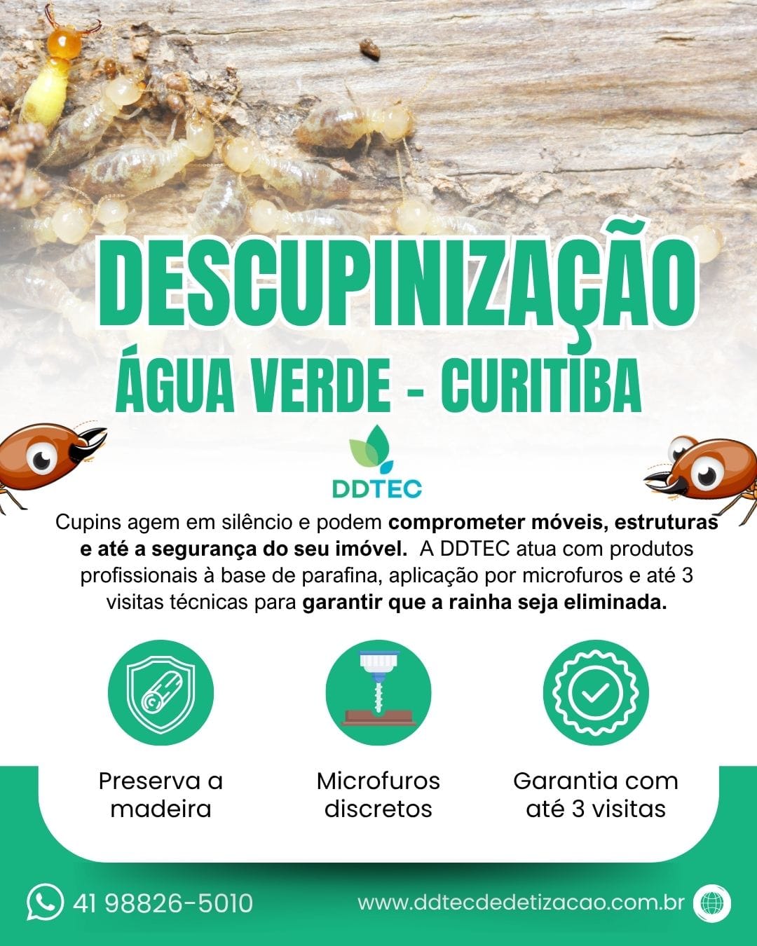 Técnico da DDTEC realizando serviço de descupinização em um apartamento no bairro Água Verde, Curitiba.